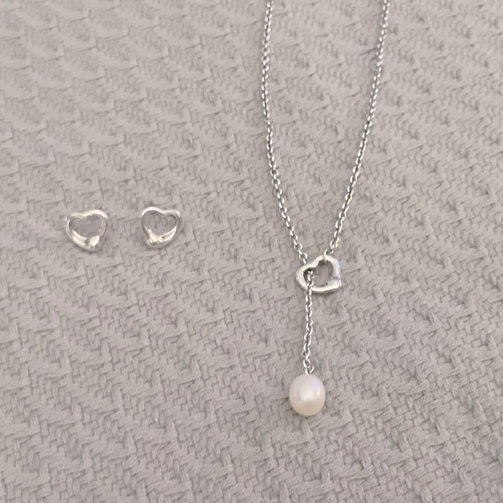 Elsa Peretti Open Heart Lariat Necklace & Stud Earrings set - Authentic